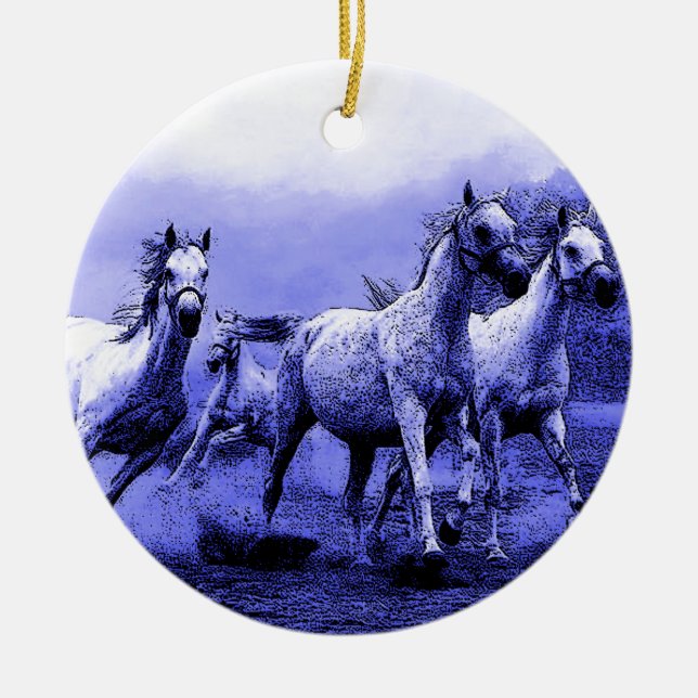Ornement Rond En Céramique Chevaux de course et Lune Bleue (Devant)
