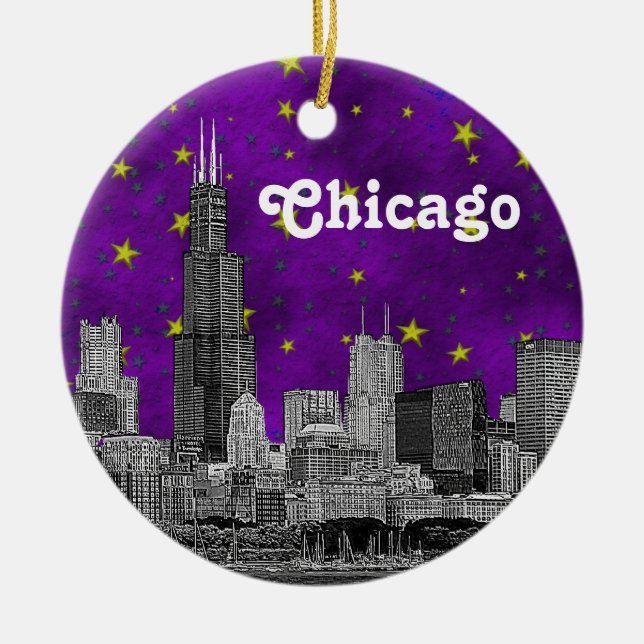 Ornement Rond En Céramique Chicago Skyline Etched, Ciel d'étoile violet (Devant)