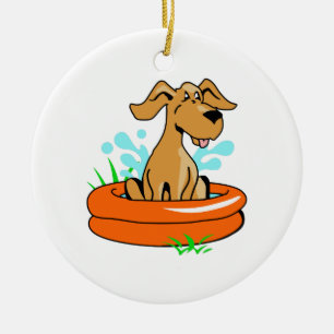 ORNEMENT ROND EN CÉRAMIQUE CHIEN DANS LA PISCINE