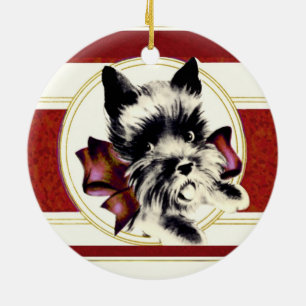 Ornement Rond En Céramique Chien écossais Terrier écossais avec arc rouge