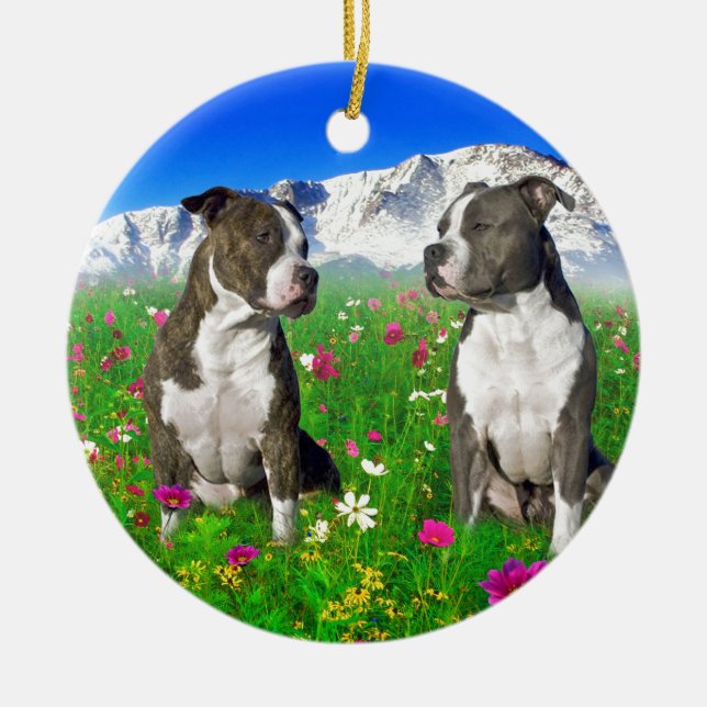 Ornement Rond En Céramique Chiens Brindle et bleus du Staffordshire et de (Devant)