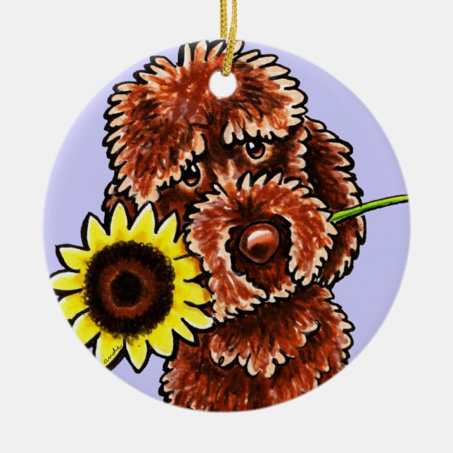 Ornement Rond En Céramique Chocolat solaire Labradoodle Off-Leash Art™ (Devant)