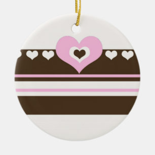 Ornement Rond En Céramique Chocolate Brown and Pink Heart Stripe