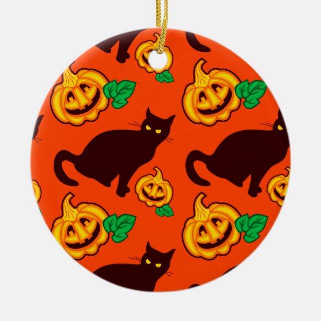 Ornement Rond En Céramique Citrouilles de Halloween et chat noir (Devant)