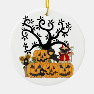 Ornement Rond En Céramique Citrouilles de Halloween, oiseaux noirs et chien