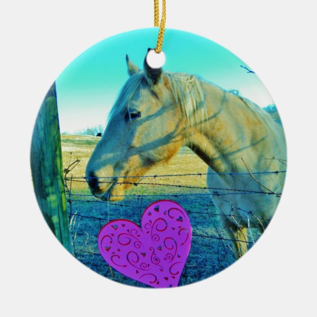 Ornement Rond En Céramique Coeur rose et Cheval jaune (Devant)