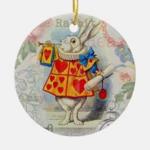Ornement Rond En Céramique Cœurs de Lapin Blanc Alice Classique