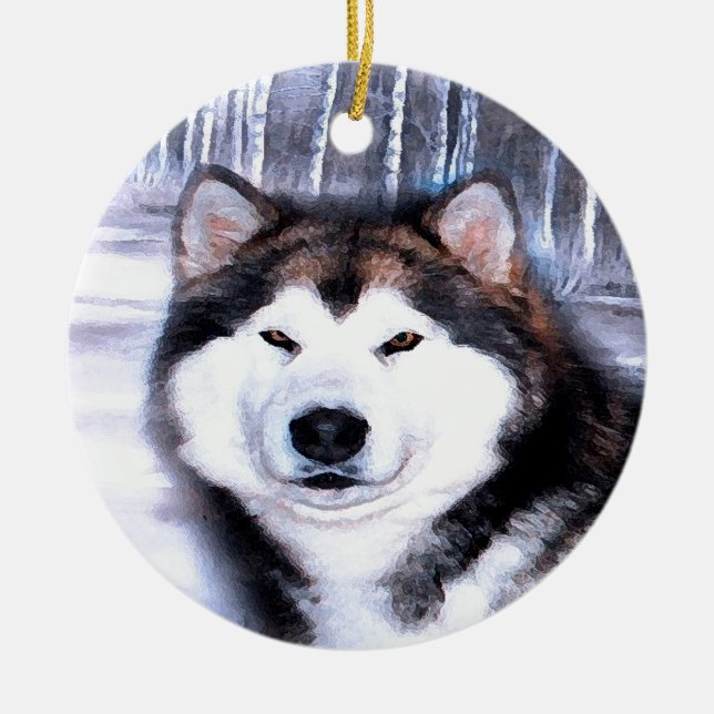 Ornement Rond En Céramique Conception de Malamute d'Alaska d'artiste (Devant)