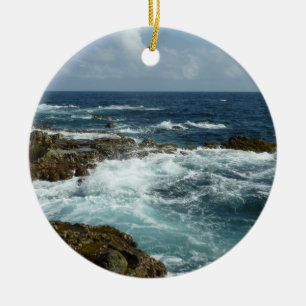 Ornement Rond En Céramique Côte rocheuse d'Aruba et océan bleu
