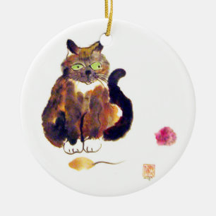 Ornement Rond En Céramique Couleurs de calicot - le minou a deux jouets