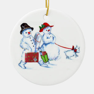 Ornement Rond En Céramique Couples de bonhomme de neige