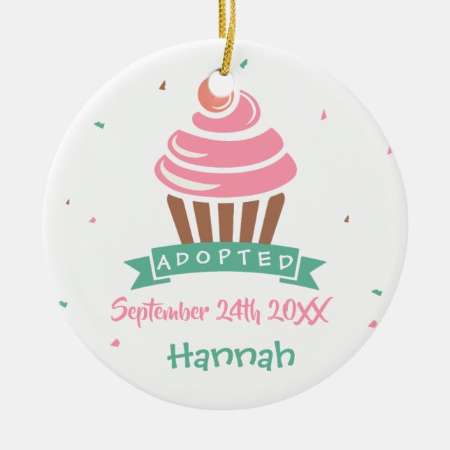 Ornement Rond En Céramique Cupcake adopté - Nom personnalisé Date (Devant)