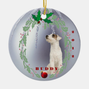 Ornement Rond En Céramique Customisez-le - le ęr Noël de Jack Russell Puppys