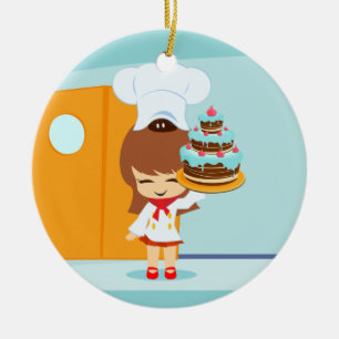 Ornement Rond En Céramique Cute Girl tenant Chocolate Anniversaire Gâteau