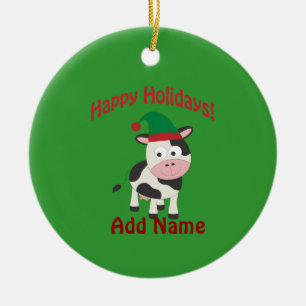 Ornement Rond En Céramique Cute Happy Holidays Christmas Elf Cow