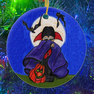 Ornement Rond En Céramique Cute Shy Little Vampire chauves-souris Lune