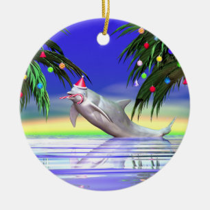 Ornement Rond En Céramique Dauphin de Noël tropical