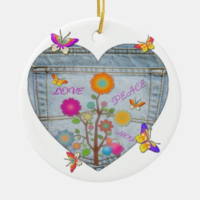 Ornement Rond En Céramique Denim Pocket Fleurs cardiaques Papillons (Devant)