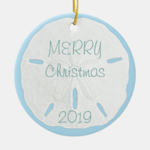 Ornement Rond En Céramique Dollar de sable blanc sur Noël tropical bleu