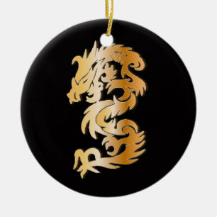 Ornement Rond En Céramique Dragon d'or en noir
