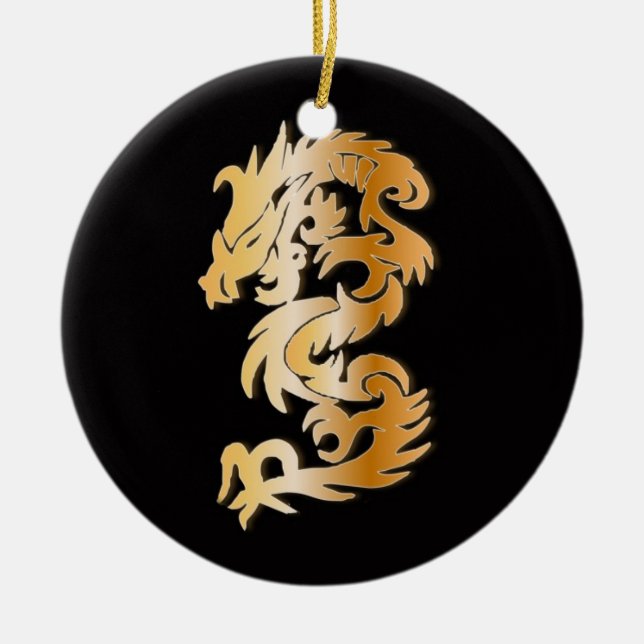 Ornement Rond En Céramique Dragon d'or en noir (Devant)