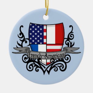 Ornement Rond En Céramique Drapeau Français-Américain de bouclier