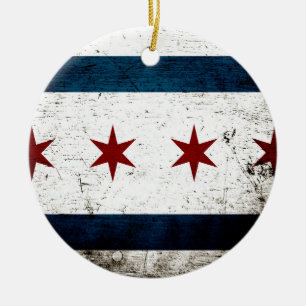 Ornement Rond En Céramique Drapeau grunge noir de Chicago
