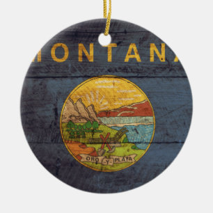 Ornement Rond En Céramique Drapeau Old Wood Montana