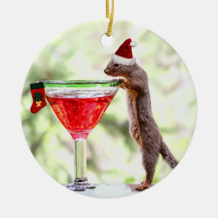 Ornement Rond En Céramique Écureuil de Noël à l'heure heureuse
