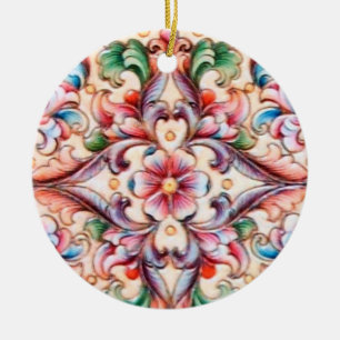 ORNEMENT ROND EN CÉRAMIQUE ÉLÉGANT VERT ROUGE ROSE BLEU FANTASIE FLORALE