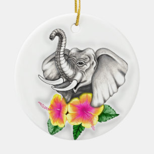 Ornement Rond En Céramique Eléphant avec Hibiscus Design