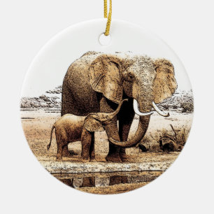 Ornement Rond En Céramique Eléphant & Bébé Eléphant