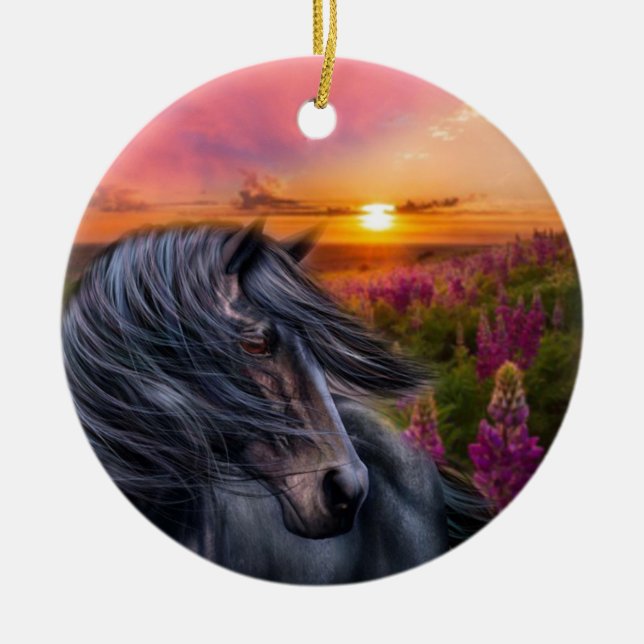 Ornement Rond En Céramique Étalon de cheval noir sauvage (Devant)