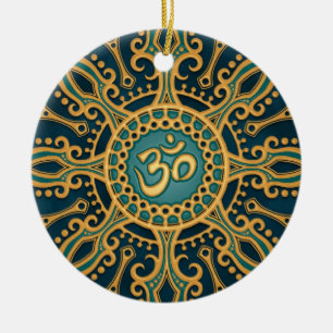 Ornement Rond En Céramique Étoile bleue d'or d'Aum
