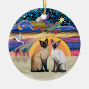 Ornement Rond En Céramique Étoile de Noël - Deux chats siamois
