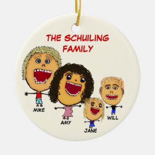 Ornement Rond En Céramique Famille de Noël de quatre caricatures avec maman e