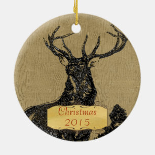 Ornement Rond En Céramique Famille de Noël Photo Vintage Buck Deer