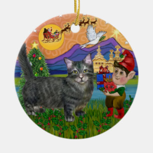 Ornement Rond En Céramique Fantaisie de Noël - Chat Munchkin tabby
