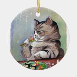 Ornement Rond En Céramique Festin de fantaisie de chat de sushi
