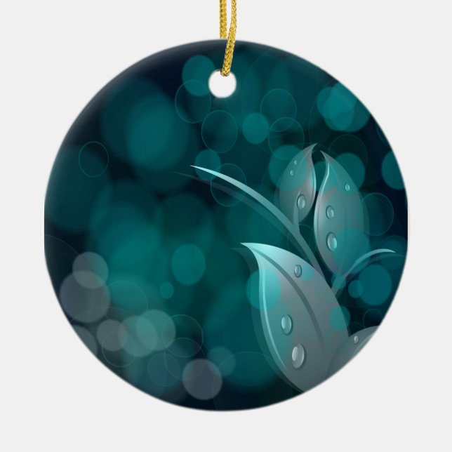 Ornement Rond En Céramique Feuilles turquoise Bokeh (Devant)