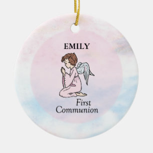 Ornement Rond En Céramique Fille, Ange de la première communion