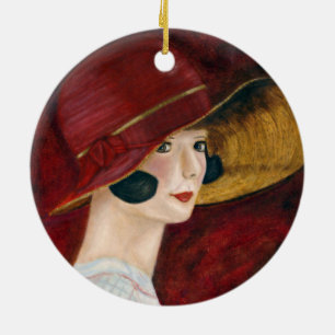 Ornement Rond En Céramique Fille d'aileron dans Red Hat hurlant les années