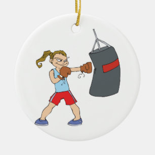 Ornement Rond En Céramique fille de boxe frappant un sac de frappe