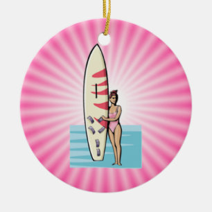 Ornement Rond En Céramique Fille de surfer rose