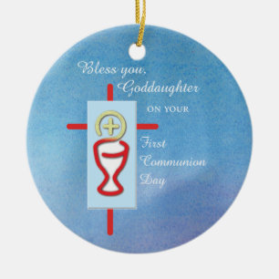 Ornement Rond En Céramique Filleule, Première communion, Turquoise