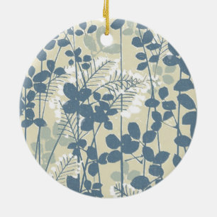 Ornement Rond En Céramique Fleur de feuille bleue asiatique japonaise