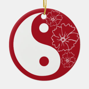 Ornement Rond En Céramique Fleur rouge Yin Yang de ketmie