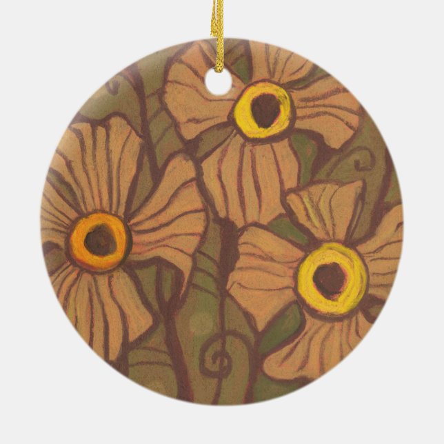 Ornement Rond En Céramique Fleurs aux yeux jaunes, art floral, vert olive bru (Dos)