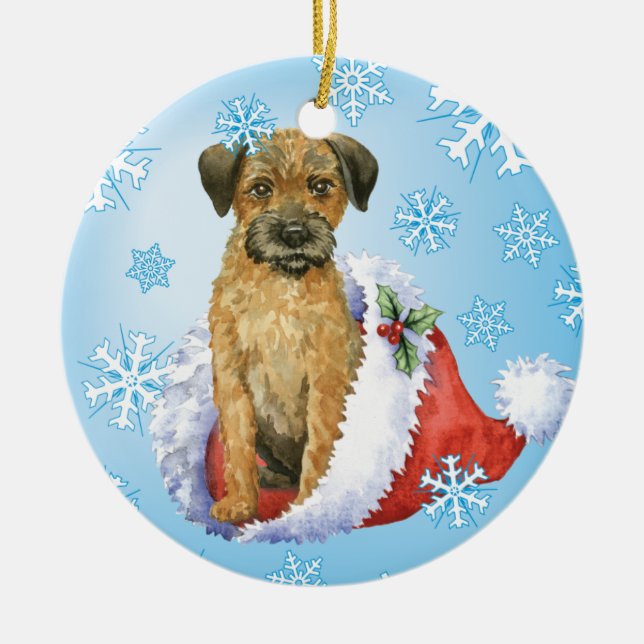 Ornement Rond En Céramique Frontière Terrier heureuse de Howliday (Devant)