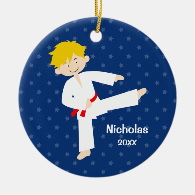Ornement Rond En Céramique Garçon rouge du Taekwondo de ceinture d'étoiles (Devant)